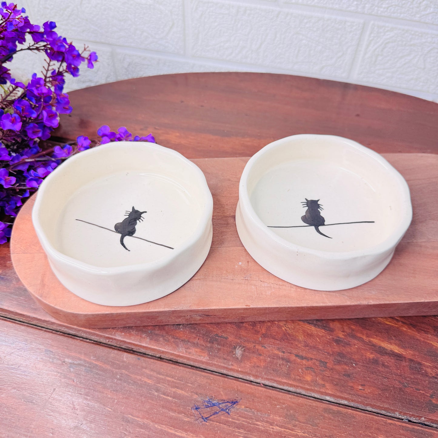 Ceramic Bowl with Black Cat Illustration – Minimal & Whimsical