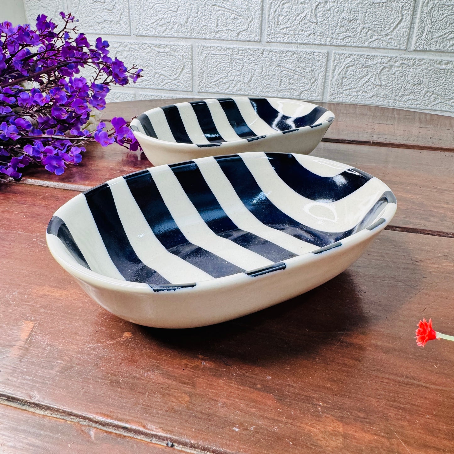 Handcrafted Black & White Striped Oval Ceramic Bowl