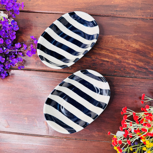Handcrafted Black & White Striped Oval Ceramic Bowl