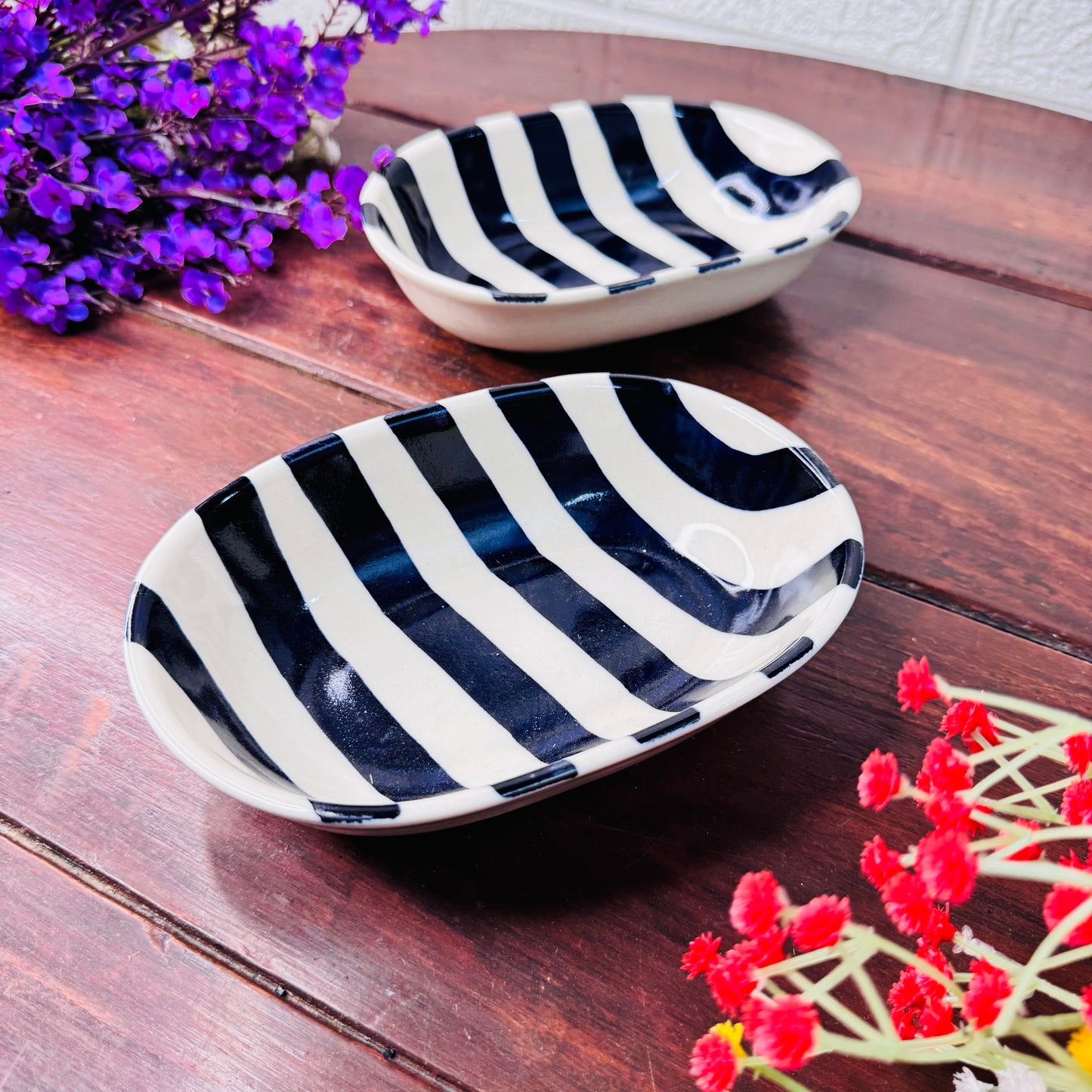 Handcrafted Black & White Striped Oval Ceramic Bowl
