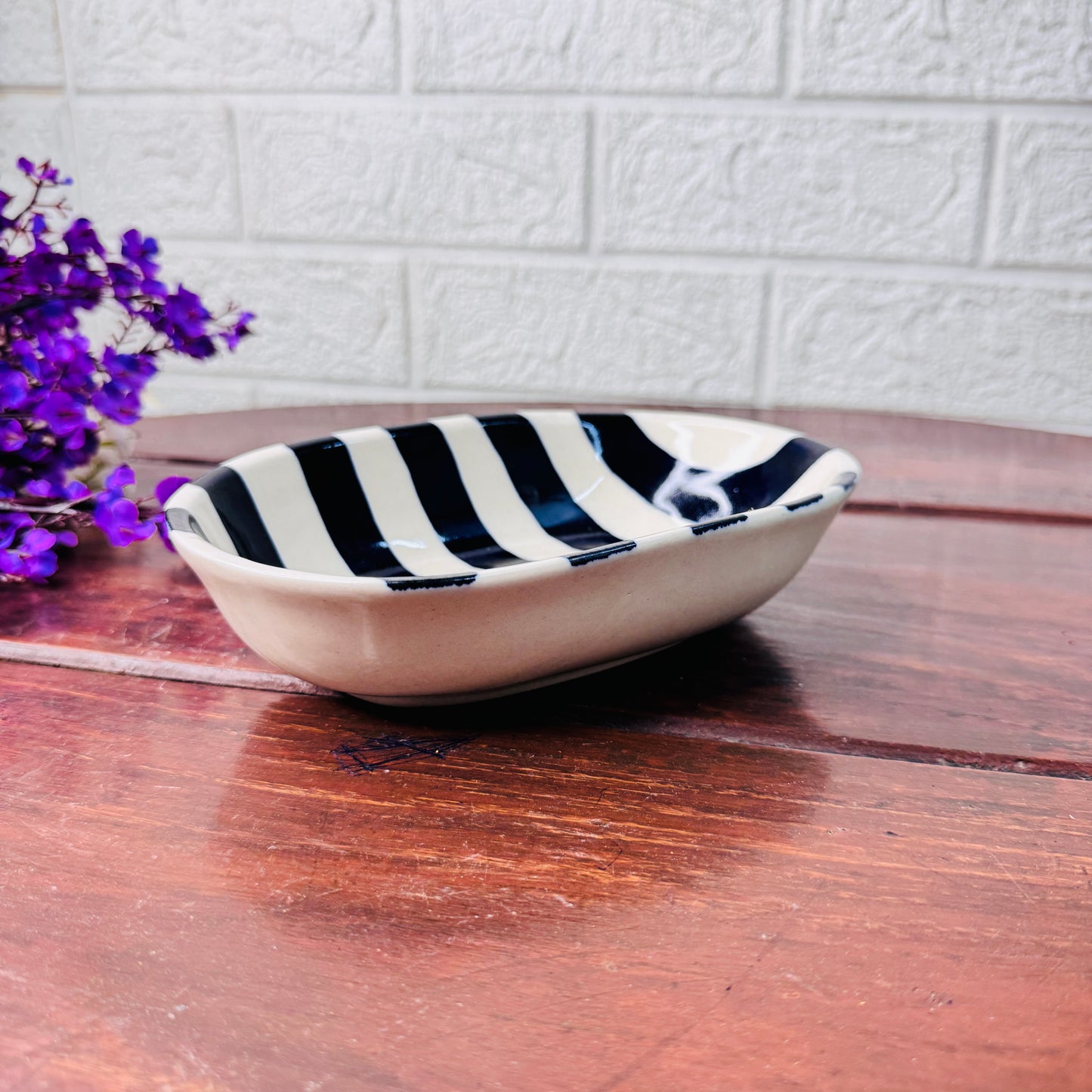 Handcrafted Black & White Striped Oval Ceramic Bowl