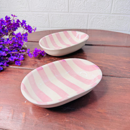 Handcrafted Pink & White Striped Oval Ceramic Bowl