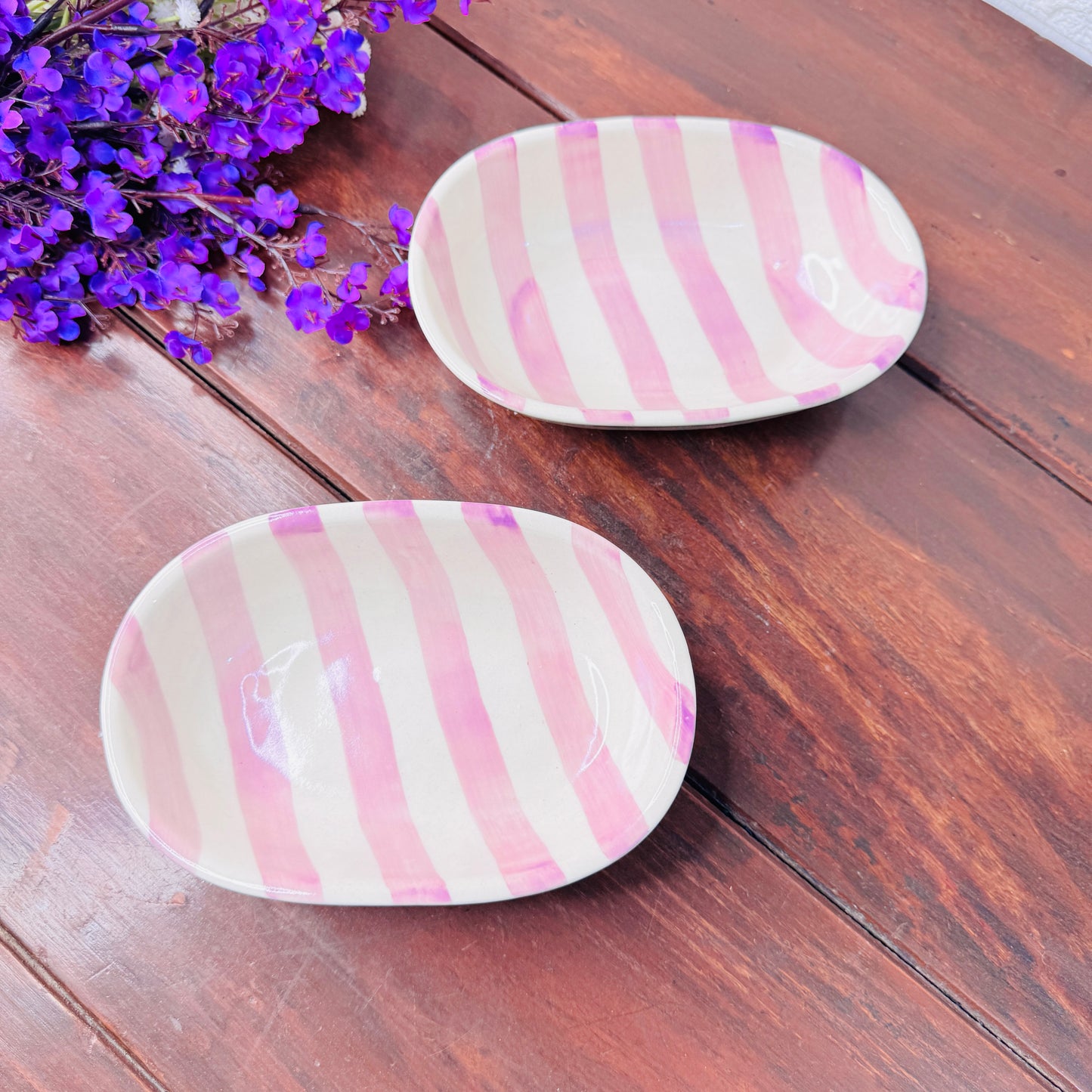 Handcrafted Pink & White Striped Oval Ceramic Bowl