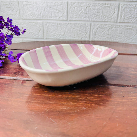 Handcrafted Pink & White Striped Oval Ceramic Bowl