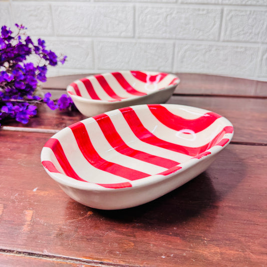 Handcrafted Red & White Striped Oval Ceramic Bowl