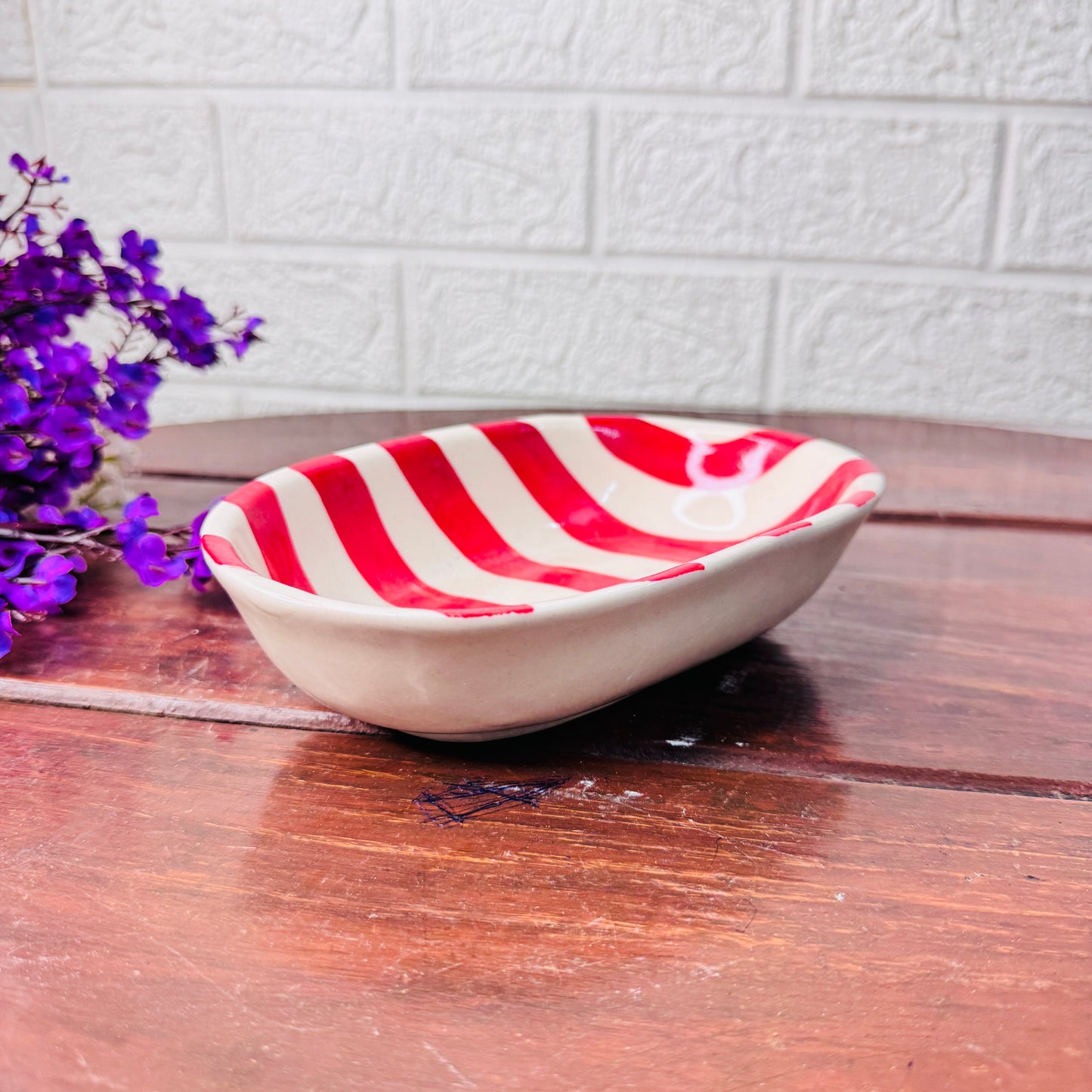 Handcrafted Red & White Striped Oval Ceramic Bowl