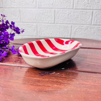 Handcrafted Red & White Striped Oval Ceramic Bowl