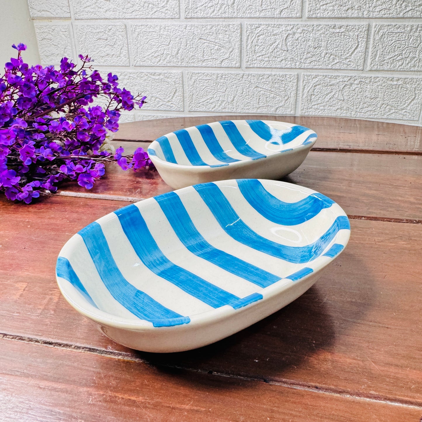 Handcrafted Blue & White Striped Oval Ceramic Bowl