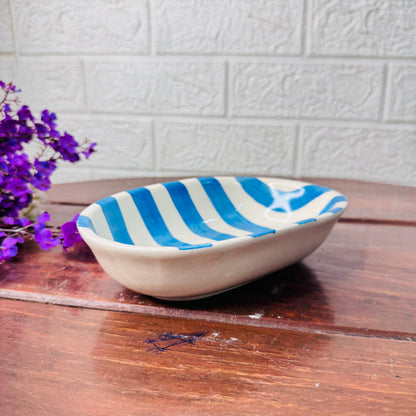Handcrafted Blue & White Striped Oval Ceramic Bowl