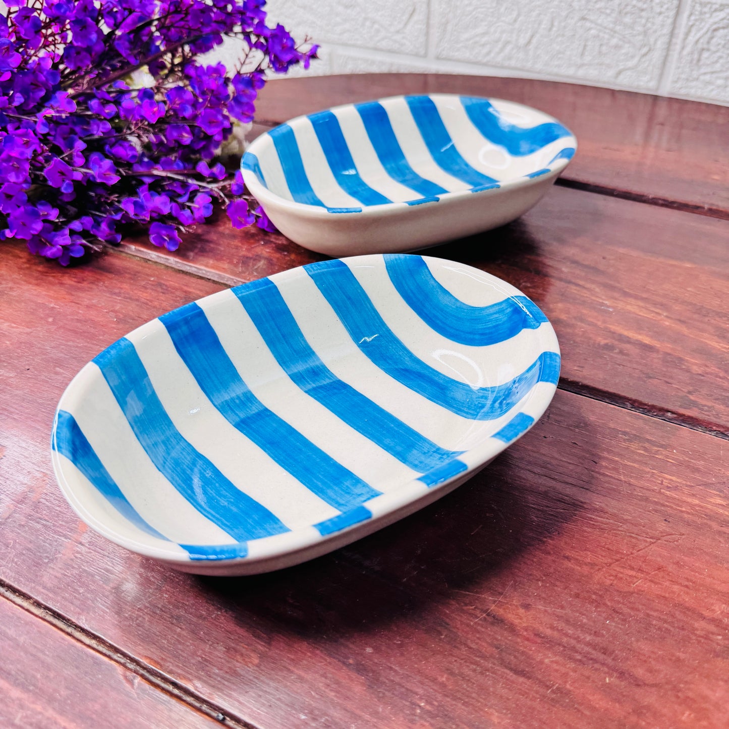 Handcrafted Blue & White Striped Oval Ceramic Bowl
