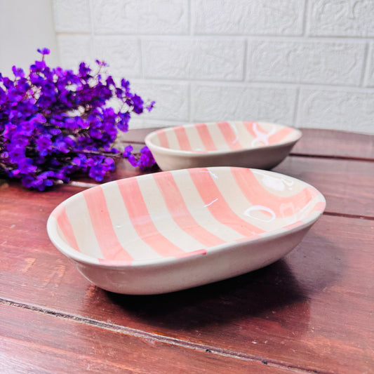 Handcrafted Peach & White Striped Oval Ceramic Bowl