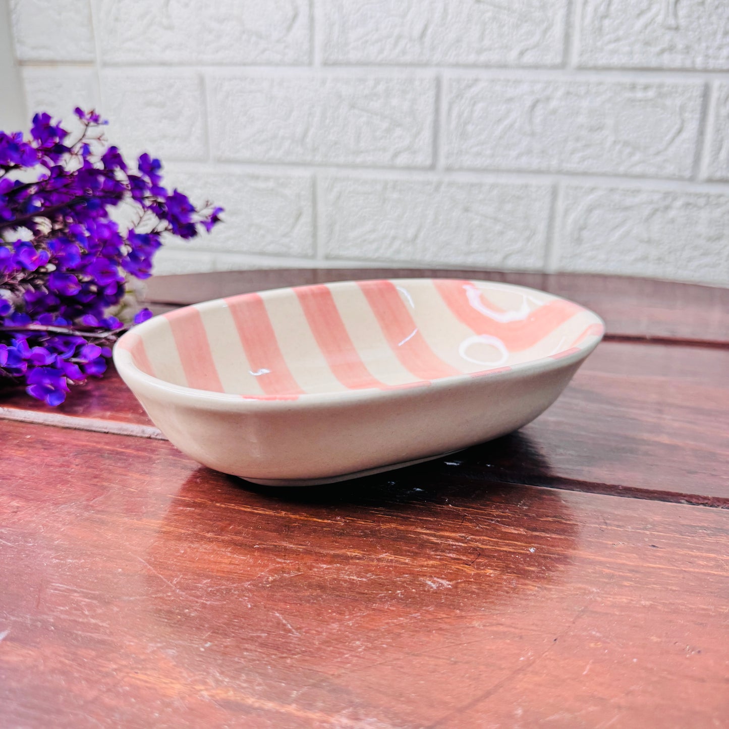 Handcrafted Peach & White Striped Oval Ceramic Bowl