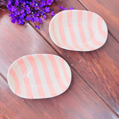 Handcrafted Peach & White Striped Oval Ceramic Bowl