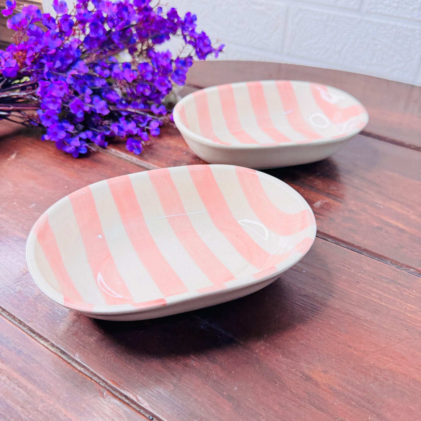 Handcrafted Peach & White Striped Oval Ceramic Bowl