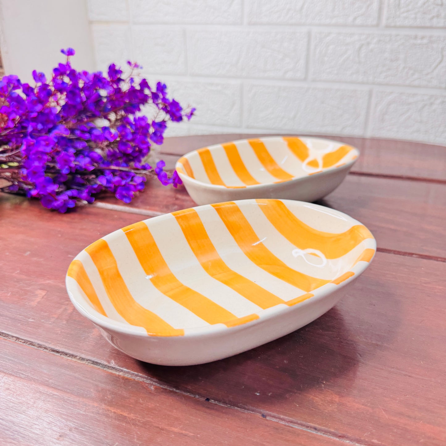 Handcrafted Orange & White Striped Oval Ceramic Bowl