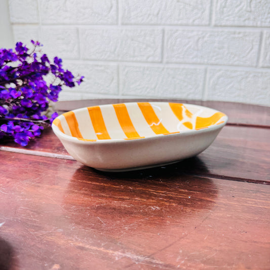 Handcrafted Orange & White Striped Oval Ceramic Bowl