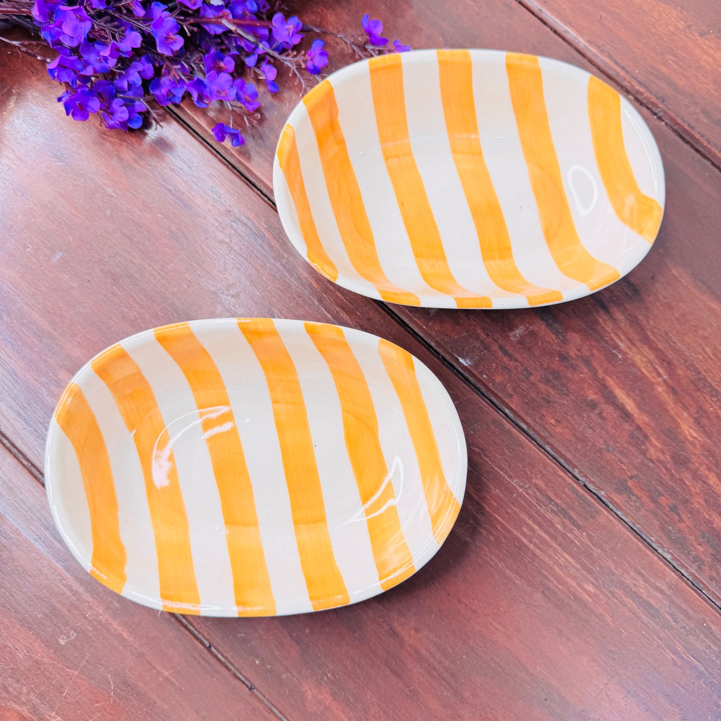 Handcrafted Orange & White Striped Oval Ceramic Bowl