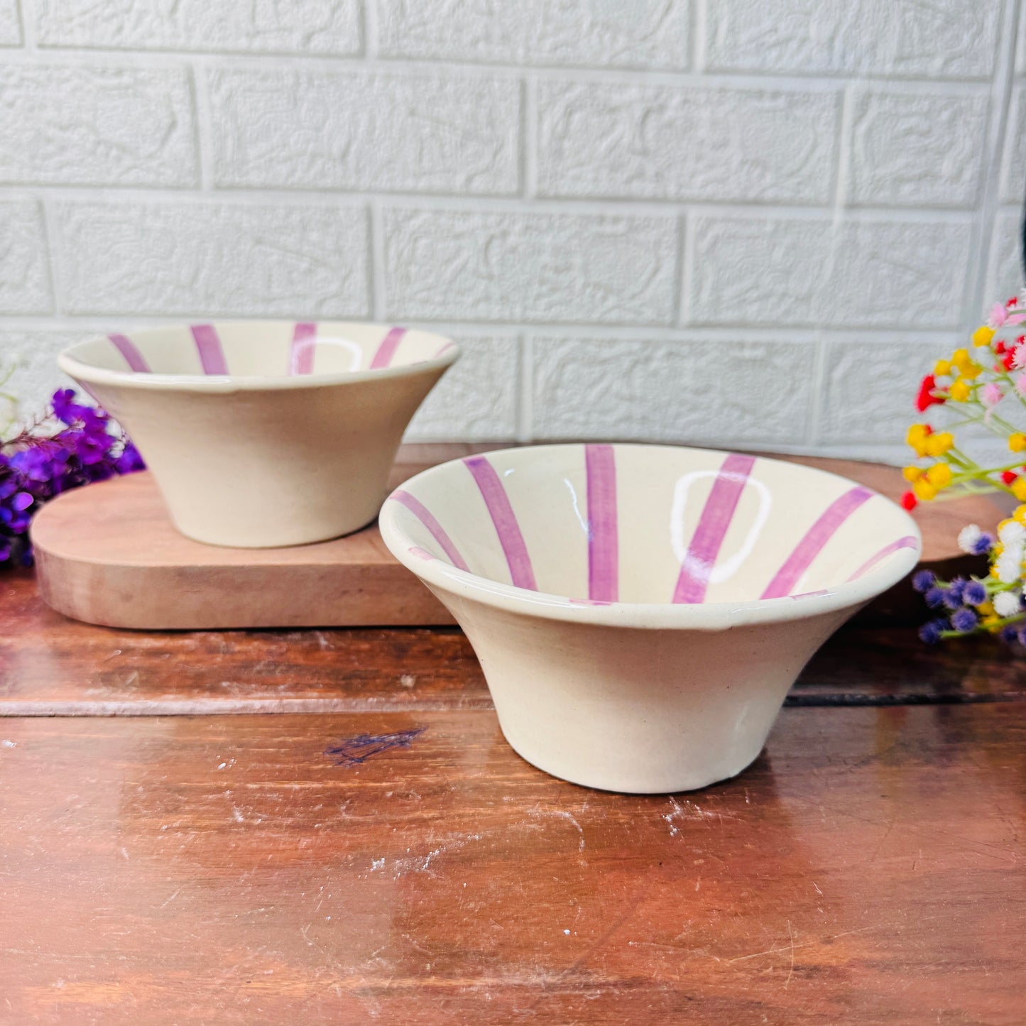 Hand-Painted Purple Striped Conical Snack Bowl