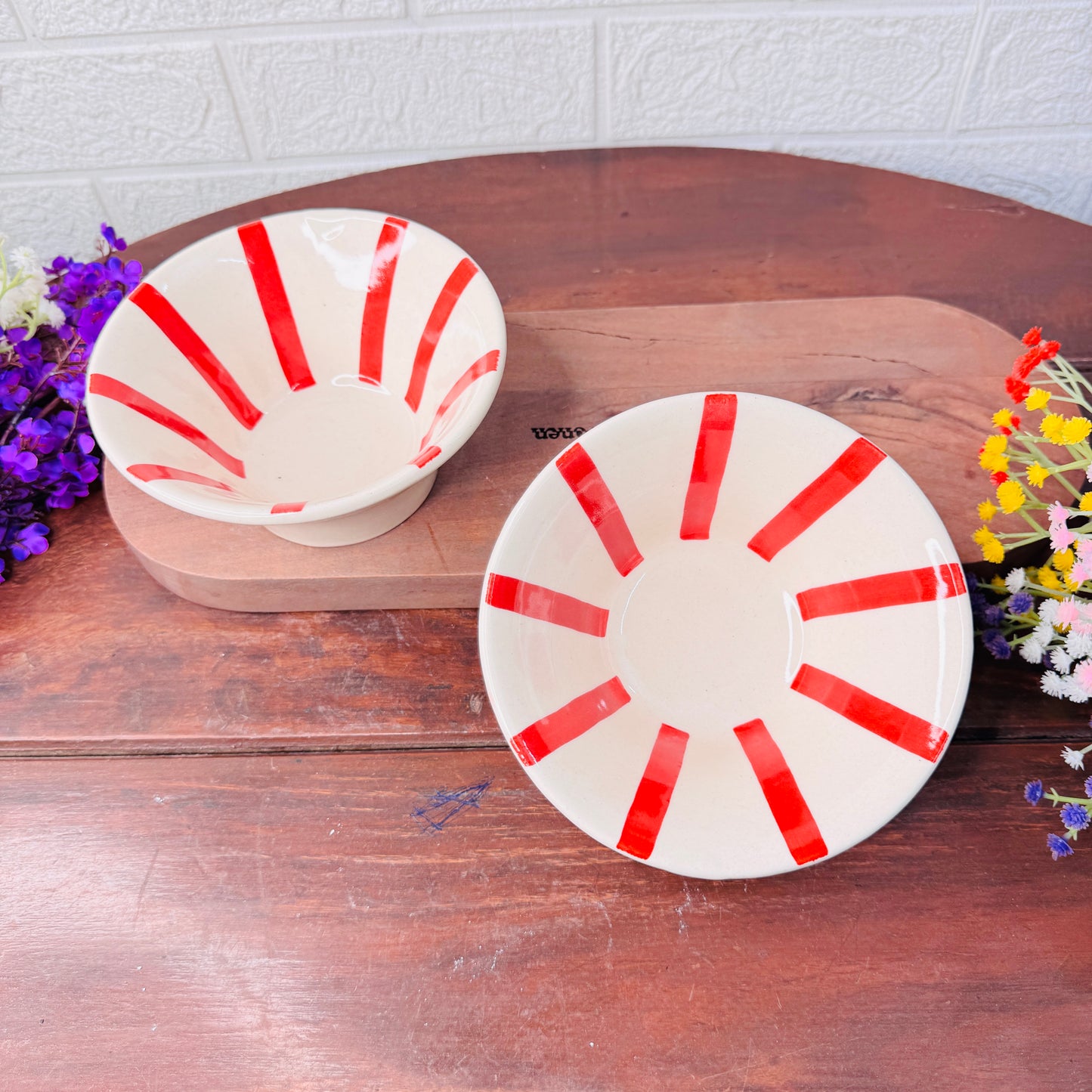 Handcrafted Red Sunburst Ceramic Snack Bowl