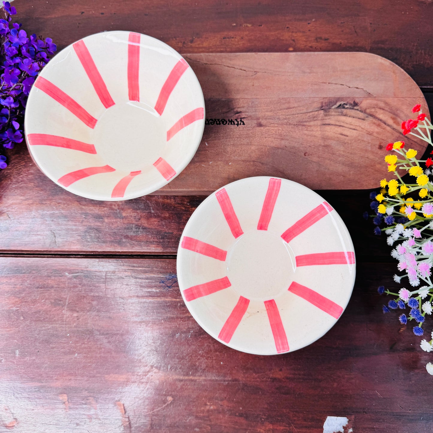 Handcrafted Coral Sunburst Ceramic Snack Bowl