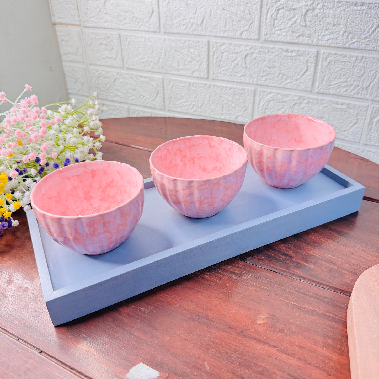 Blush Pink Trio Bowl Set with Tray