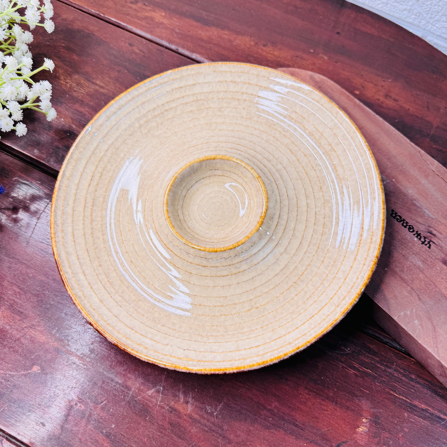 Rustic Beige Ceramic Chip & Dip Platter