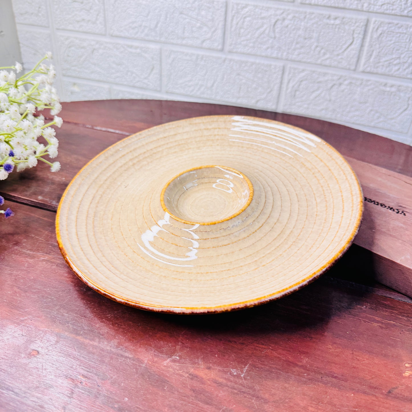 Rustic Beige Ceramic Chip & Dip Platter