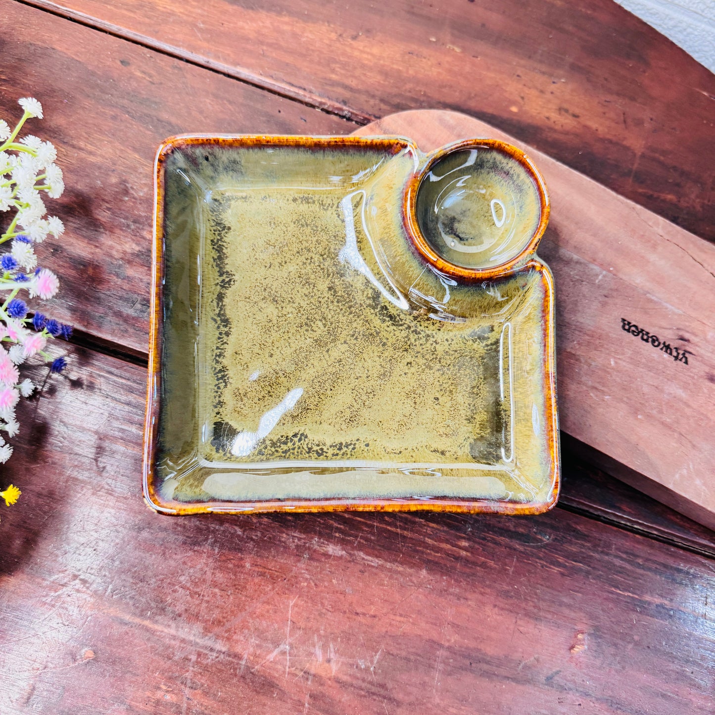 Olive Green Ceramic Square Chip & Dip Platter