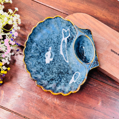 Midnight Blue Shell Ceramic Platter with Dip Bowl