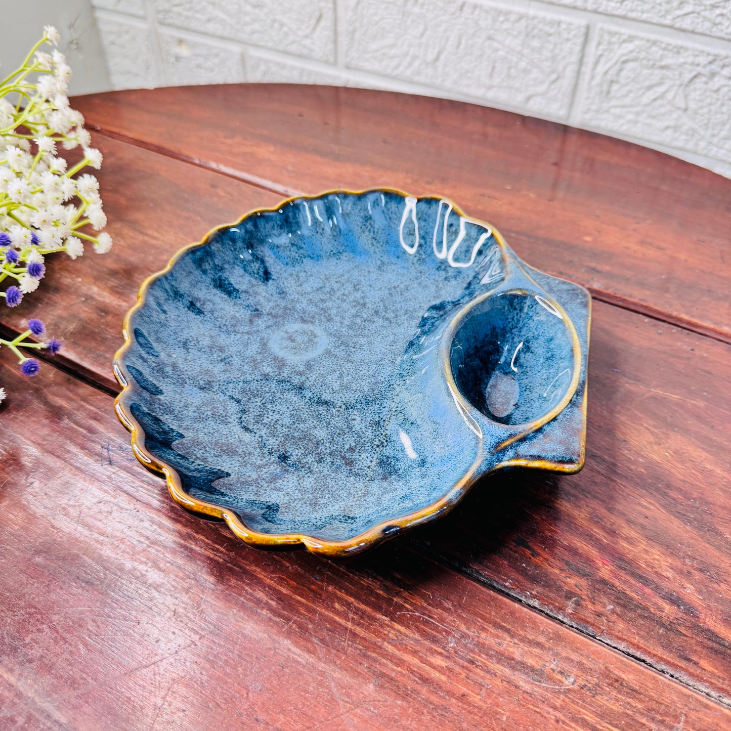 Midnight Blue Shell Ceramic Platter with Dip Bowl