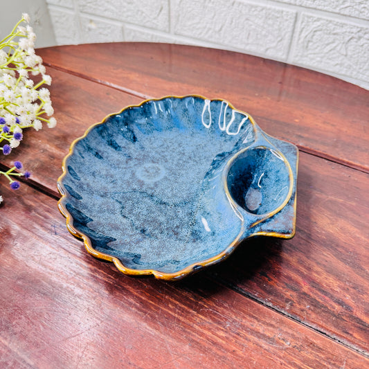Midnight Blue Shell Ceramic Platter with Dip Bowl