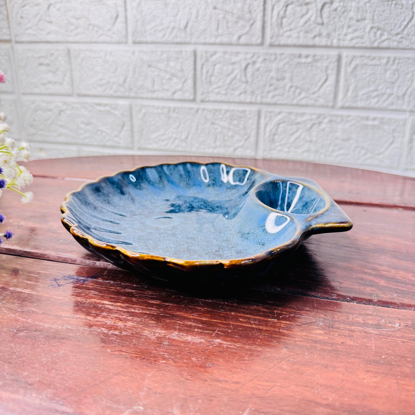 Midnight Blue Shell Ceramic Platter with Dip Bowl