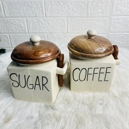 Coffee Sugar Set with Wooden Lid & Spoon
