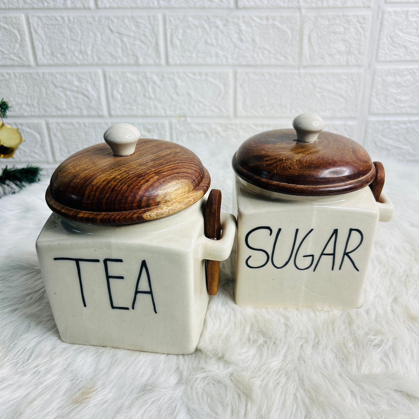 Tea Sugar Set with Wooden Lid & Spoon