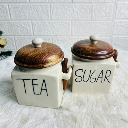 Tea Sugar Set with Wooden Lid & Spoon