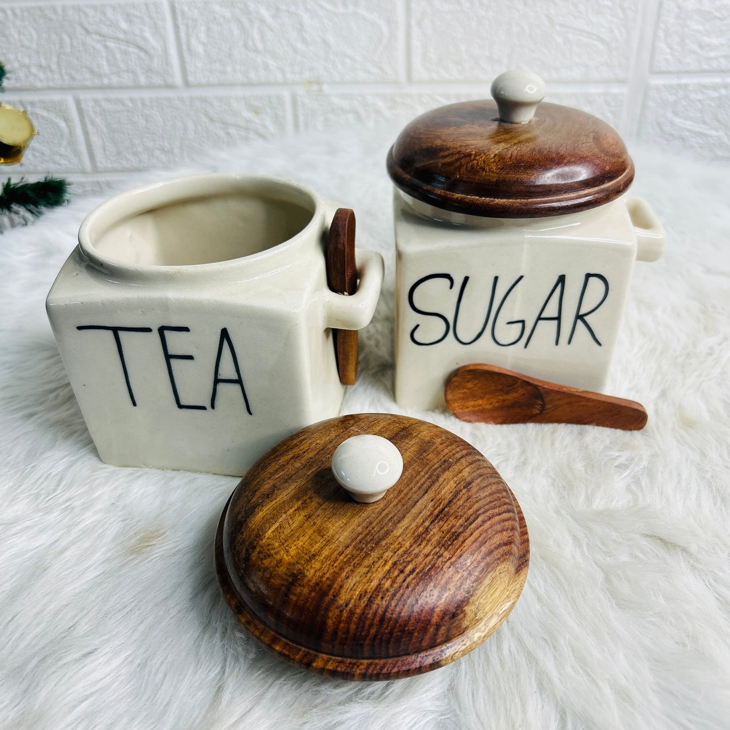 Tea Sugar Set with Wooden Lid & Spoon