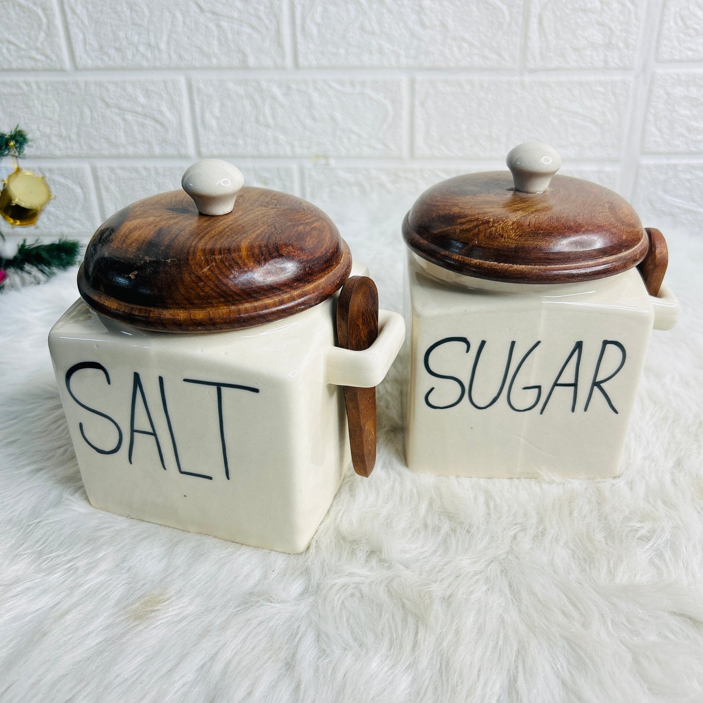 Salt Sugar Set with Wooden Lid & Spoon (Pack of 2)