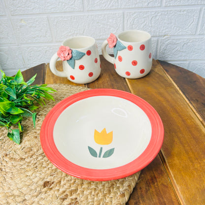 Polka Rose Mug & Tulip Plate Set – 3 Pc Floral Charm Combo